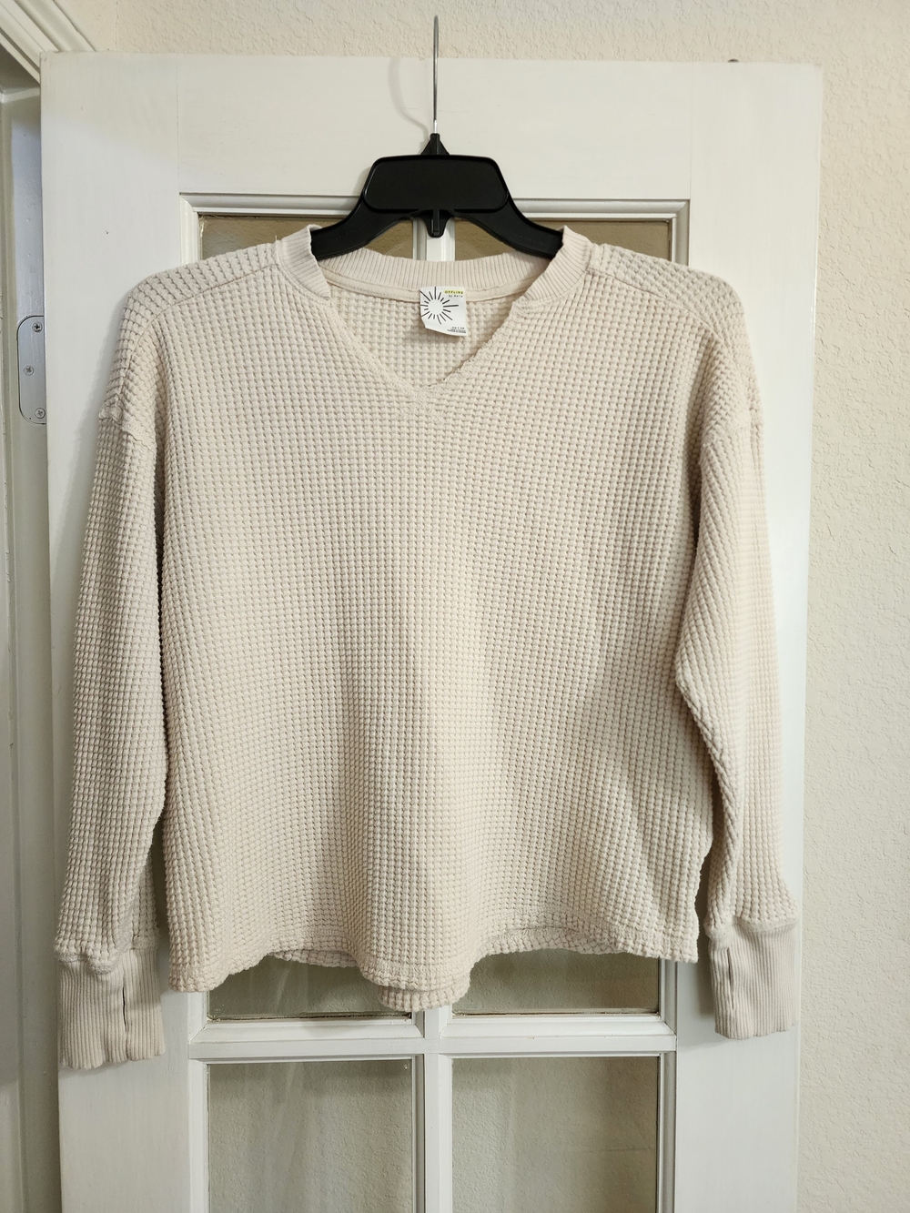 Aerie OFFLINE Waffle Knit Thermal Top Thumbholes Cream Oversized XS